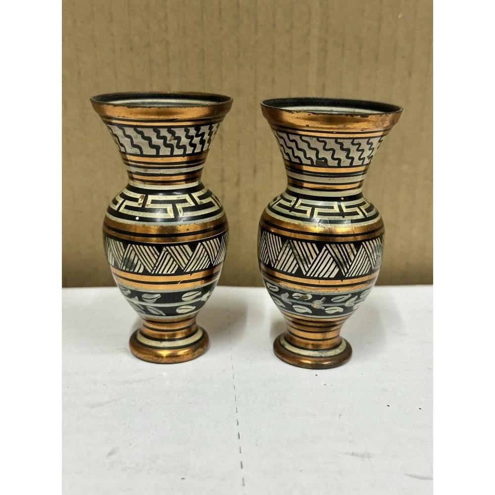 Copper Vase From Greece Beautiful Pattern Aztec Flowers Rare Collectible‎ 3.0 In